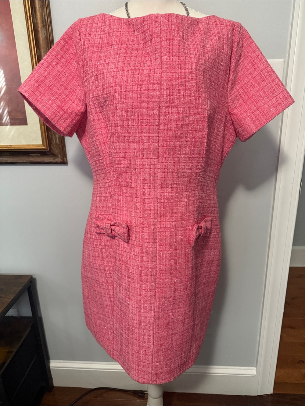 Fashion Nova Pink Tweed Mini Sheath Dress with Hip Bows